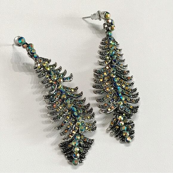 Silver Tone Articulated AB Blue Rhinestone Dangle Feather Earrings Pierced Long - Picture 6 of 9
